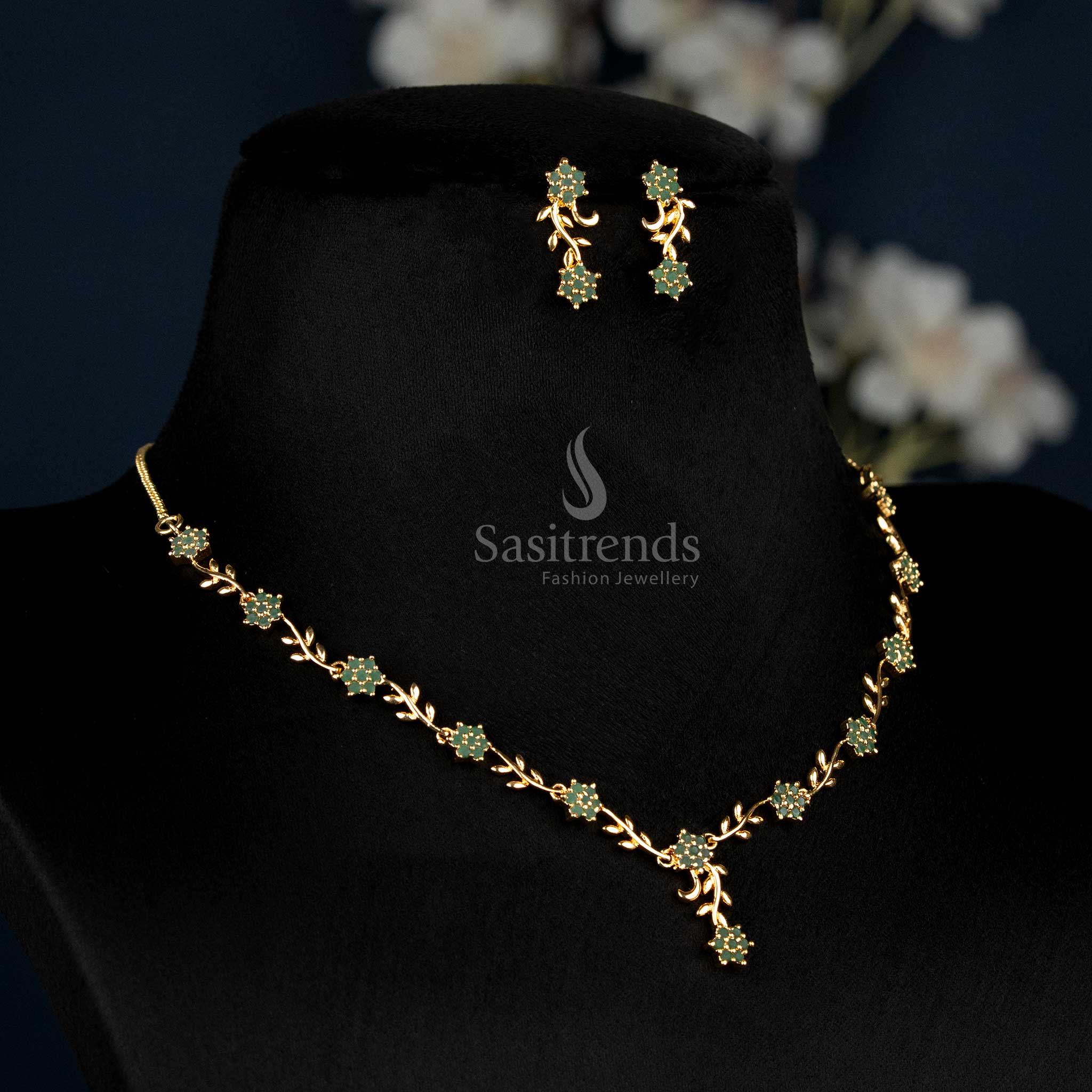 Emerald Green American Diamond Floral Vine Necklace Set With Micro Gold Plating, Majestic Traditional Jewellery Created For Festivals And Cultural Brilliance – Sasitrends