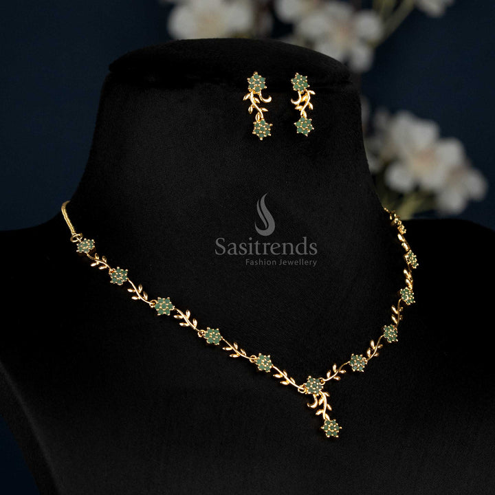 Emerald Green American Diamond Floral Vine Necklace Set With Micro Gold Plating, Majestic Traditional Jewellery Created For Festivals And Cultural Brilliance – Sasitrends