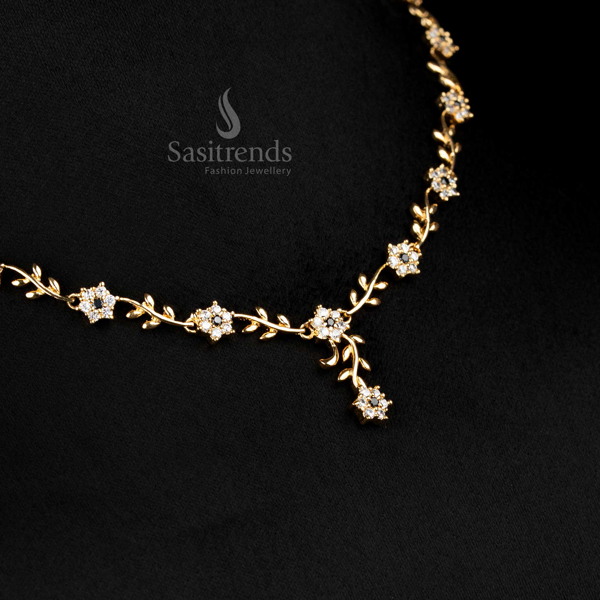 Ivory-Black American Diamond Floral Vine Necklace Set With Micro Gold Plating, Chic Artisan Jewellery Crafted For Women’s Evening Luxury Looks – Sasitrends