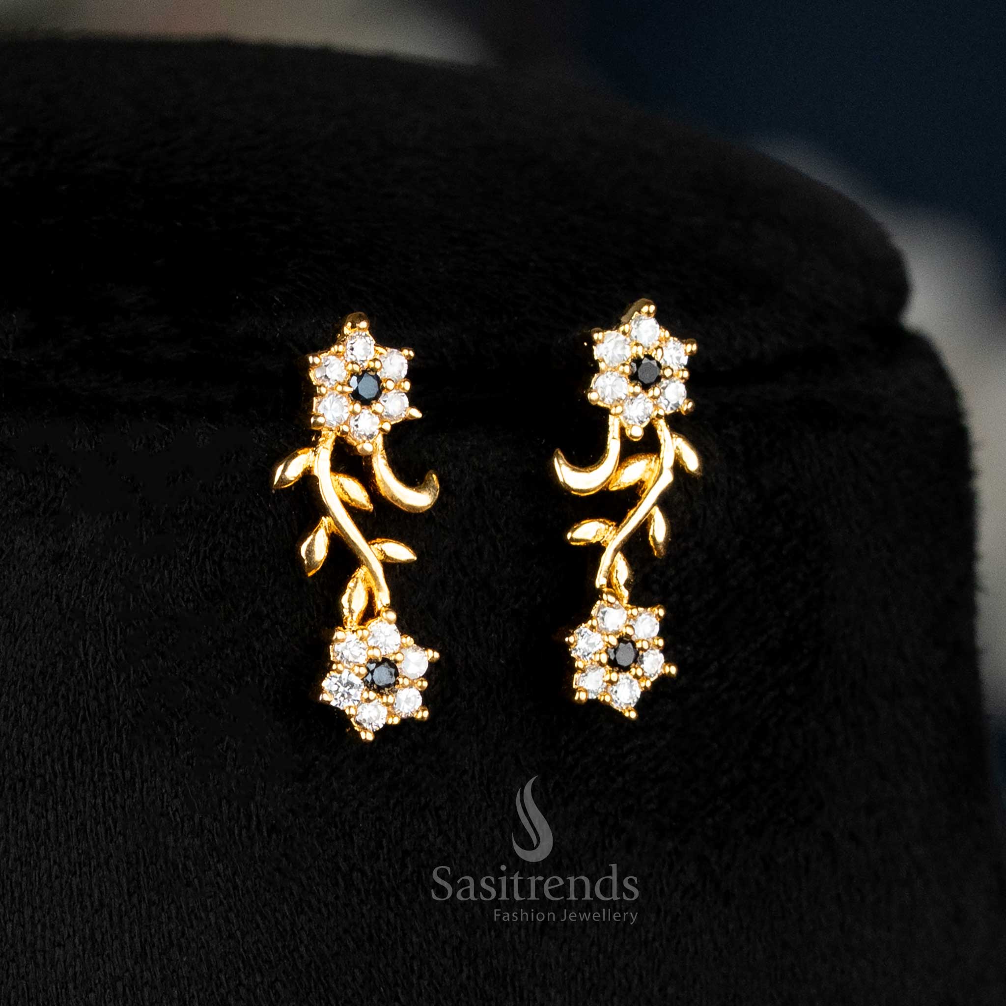 Charcoal Black American Diamond Floral Vine Earrings Set With Micro Gold Plating, Regal Handcrafted Masterpiece Perfect For Grand Events And Elite Celebrations – Sasitrends