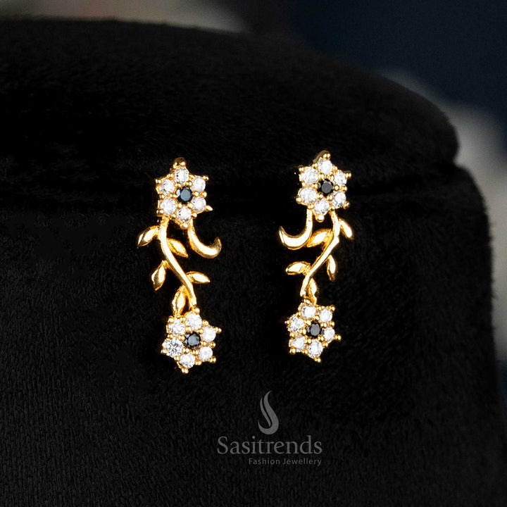 Charcoal Black American Diamond Floral Vine Earrings Set With Micro Gold Plating, Regal Handcrafted Masterpiece Perfect For Grand Events And Elite Celebrations – Sasitrends
