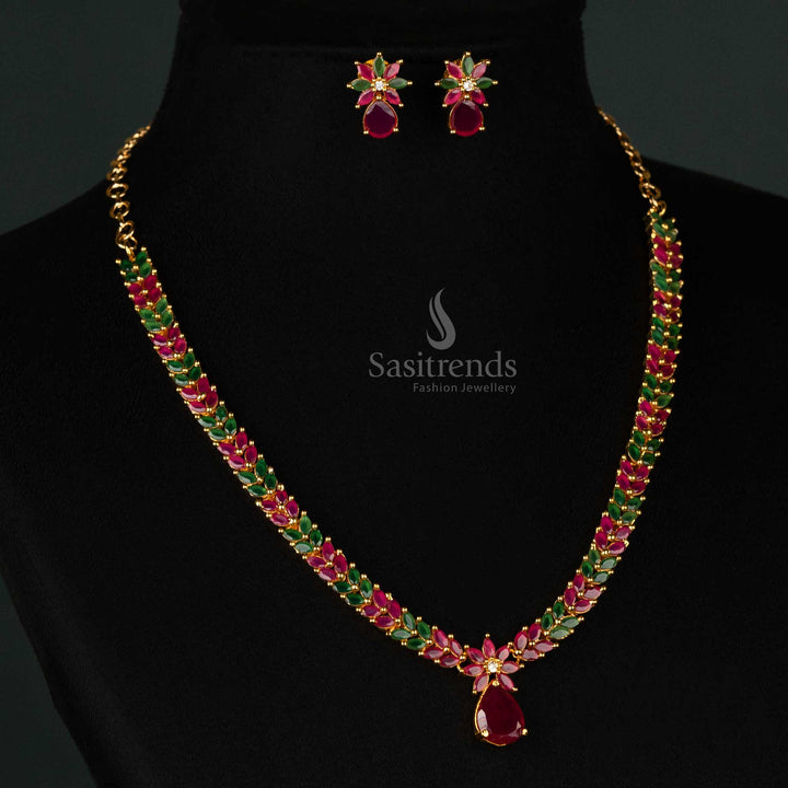 Stylish jewellery set in ruby-green with gold plating, marquise-cut American diamonds, and a modern leaf pattern - Sasitrends