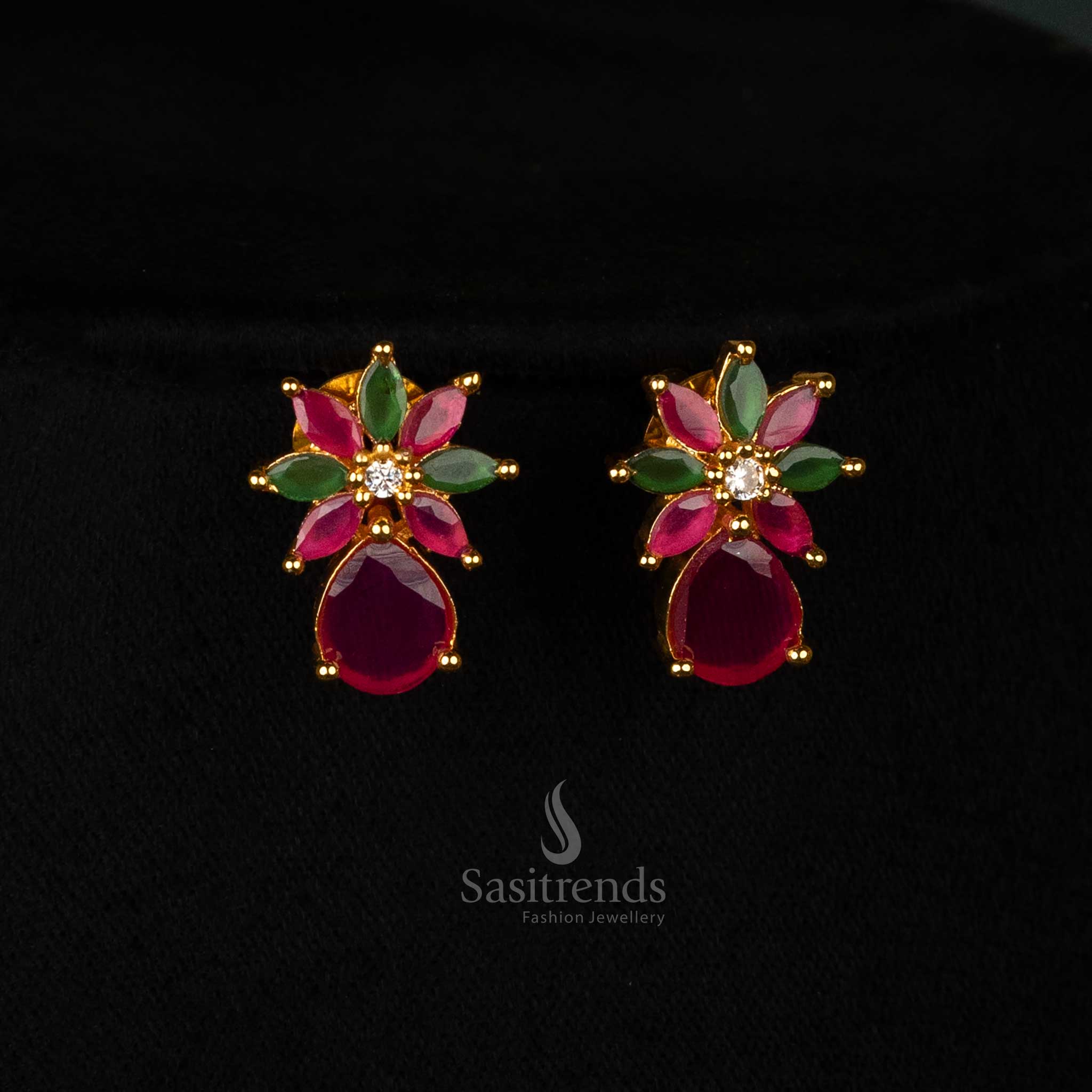 Luxurious gold-plated earrings set featuring ruby-green leaf patterns and marquise-cut American diamonds - Sasitrends