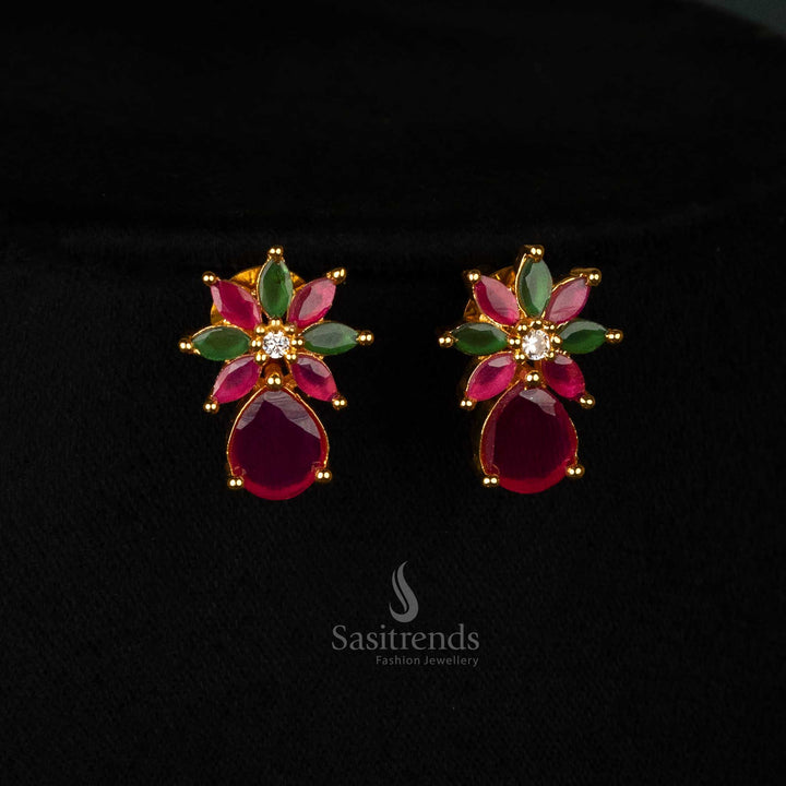 Luxurious gold-plated earrings set featuring ruby-green leaf patterns and marquise-cut American diamonds - Sasitrends