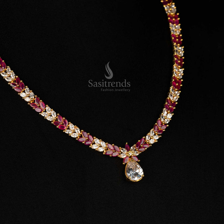 Royal jewellery set with ruby-white accents, gold-plated finish, marquise cut American diamonds, and intricate leaf motifs - Sasitrends