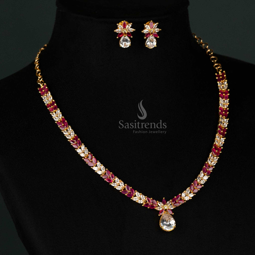 Elegant marquise stone jewellery set with gold plating, featuring American diamonds and ruby-white leaf pattern design - Sasitrends