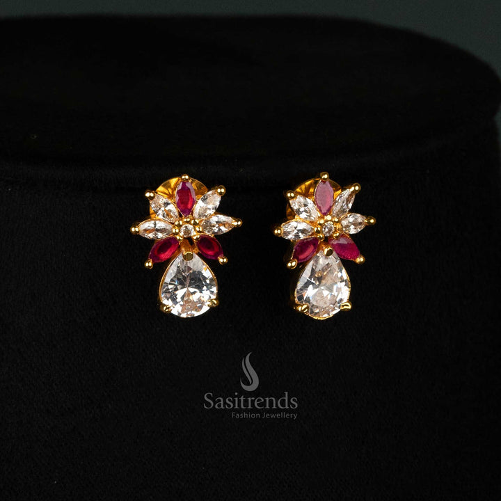 Graceful ruby-white earrings set in gold plating, showcasing marquise-cut American diamonds and an elegant leaf design - Sasitrends