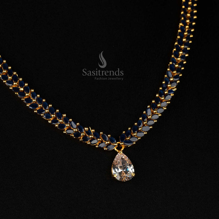 Glamorous jewellery set in blue-white tones, gold-plated finish, American diamonds, and marquee leaf design - Sasitrends