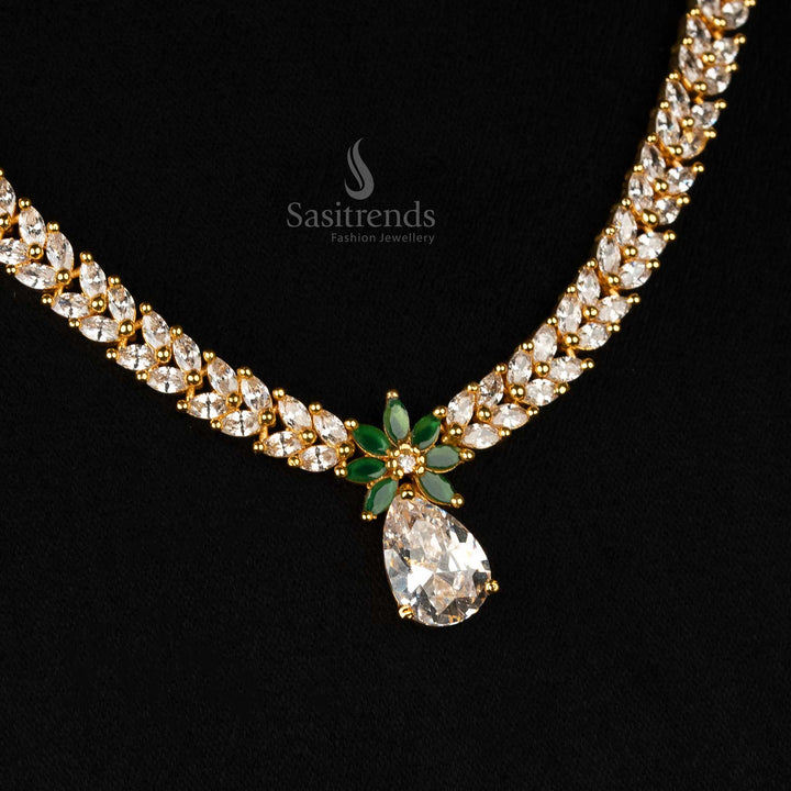 Elegant jewellery set with gold-plated finish, white-green tones, marquise American diamonds, and a leaf-inspired design - Sasitrends