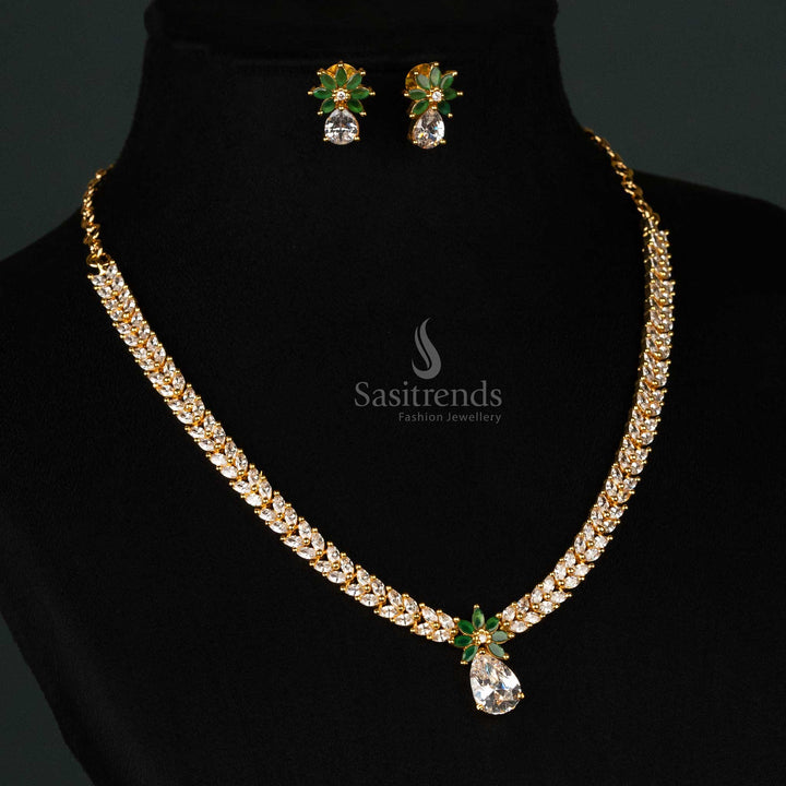 Beautiful white-green jewellery set with gold plating, marquise stones, and sparkling American diamond accents - Sasitrends