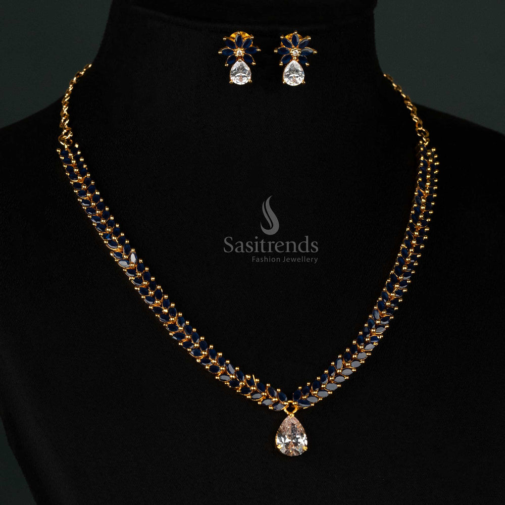 Stunning blue-white jewellery set with gold plating, marquise stones, American diamonds, and leaf pattern accents - Sasitrends