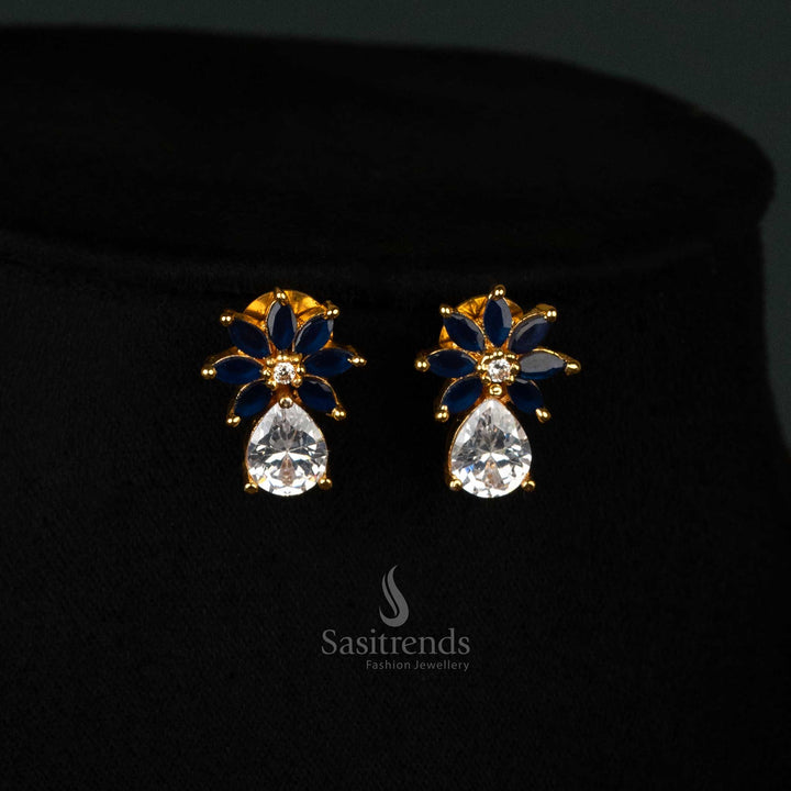 Exquisite earrings  set featuring blue-white tones, gold-plated finish, marquise stones, and leaf-pattern American diamonds - Sasitrends