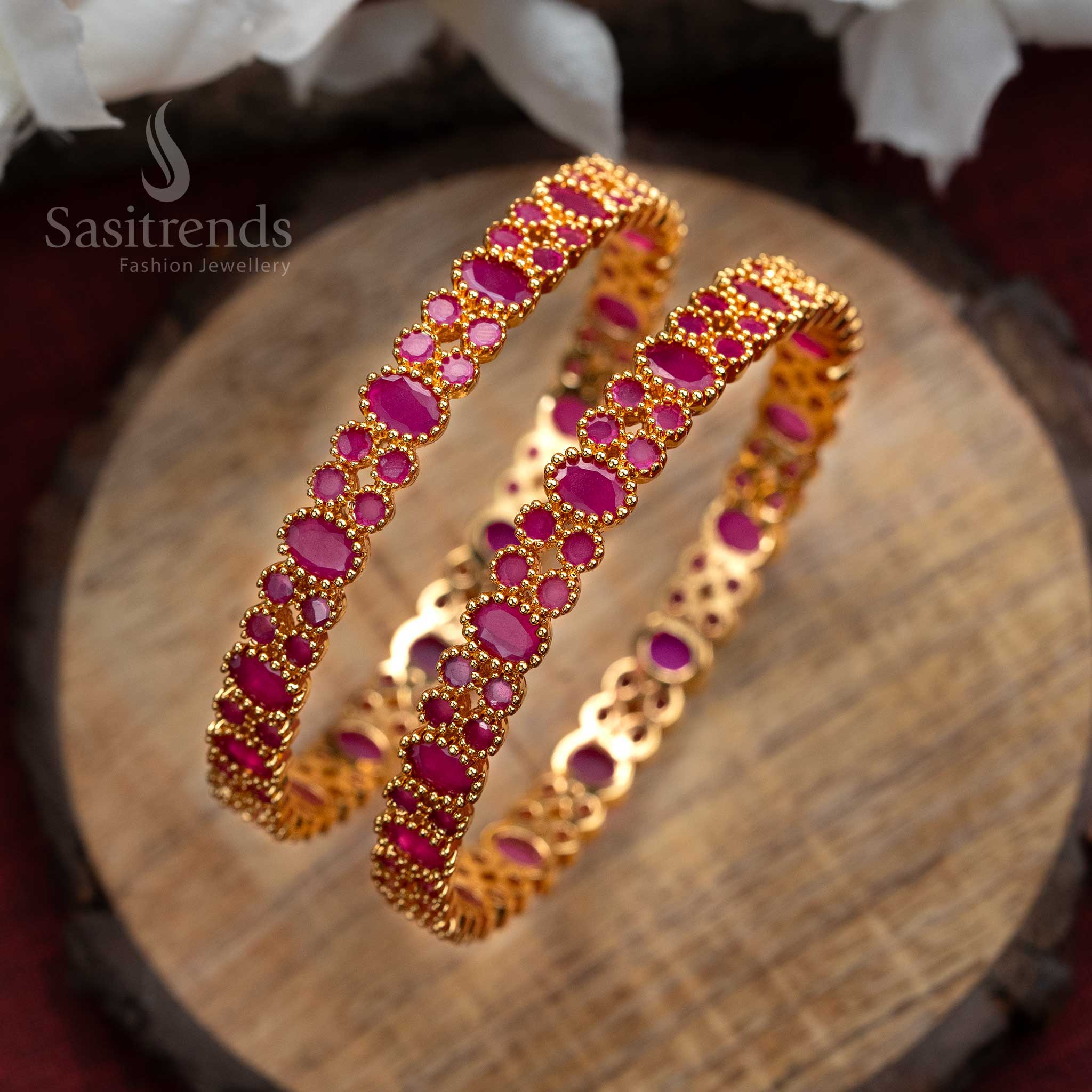 Beautiful micro gold ruby AD bangles, designed in a trendy yet heritage style, a perfect bridal and traditional jewellery choice for women - Sasitrends