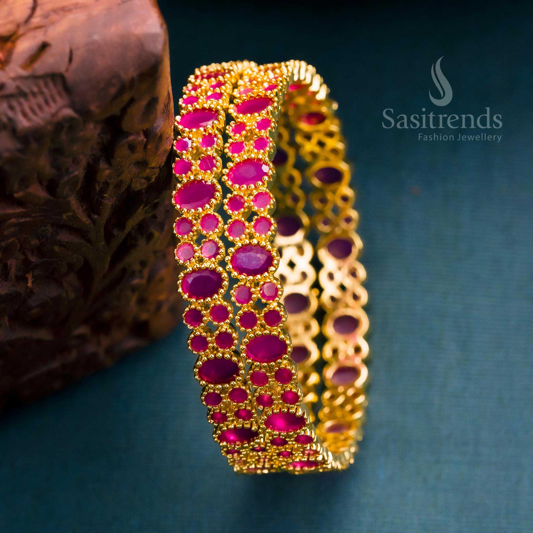 Royal ruby American diamond bangles, micro gold-polished with exquisite craftsmanship, a premium and elegant jewellery piece perfect for women’s festive collections - Sasitrends