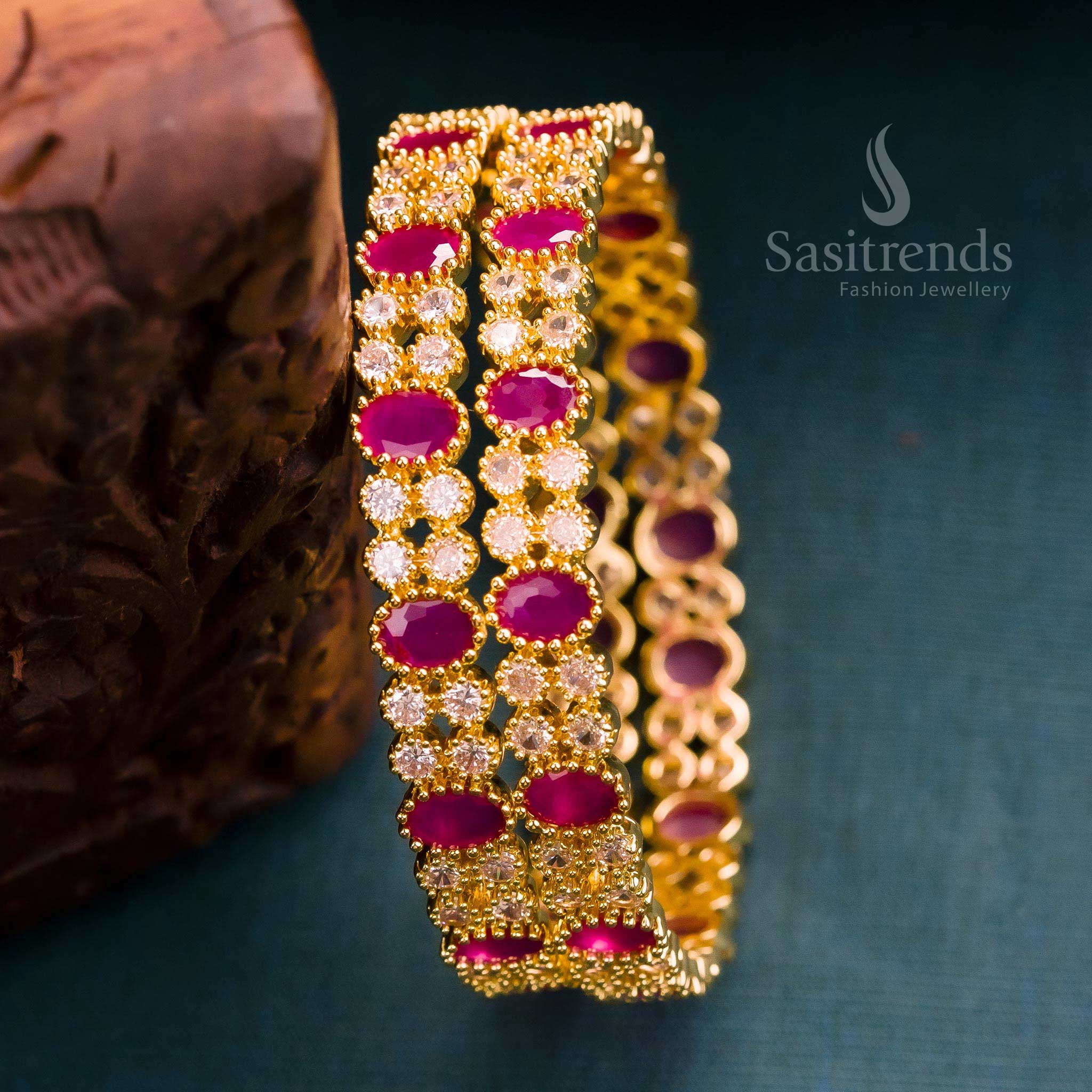 Stunning micro gold-plated ruby AD bangles, encrusted with dazzling American diamonds, a timeless traditional party wear - Sasitrends