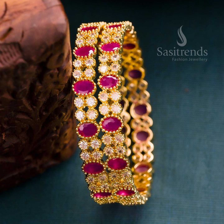 Stunning micro gold-plated ruby AD bangles, encrusted with dazzling American diamonds, a timeless traditional party wear - Sasitrends