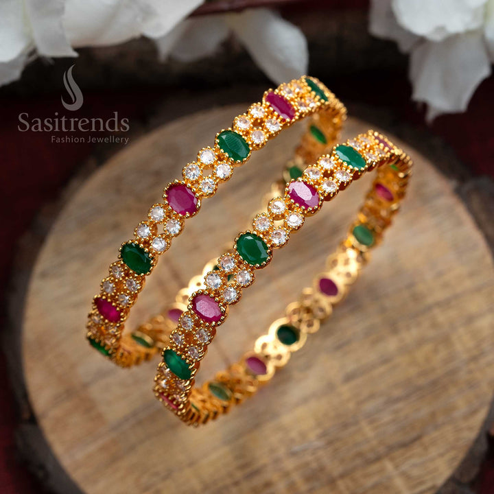 Traditional micro gold-plated multi AD bangles, adorned with sparkling American diamonds - Sasitrends