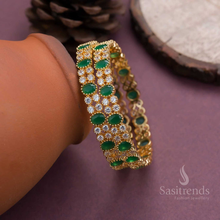 Elegant micro gold-plated white-green AD bangles, featuring premium American diamond embellishments - Sasitrends