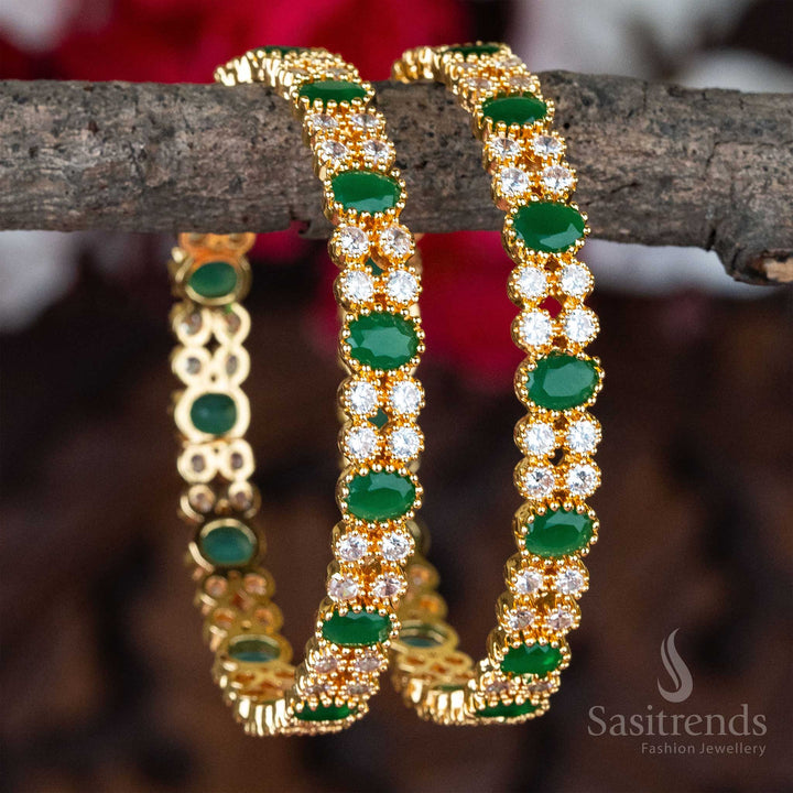 Luxury micro gold white-green AD bangles, finely handcrafted in an ethnic style, a stunning women’s party wear jewellery selection - Sasitrends