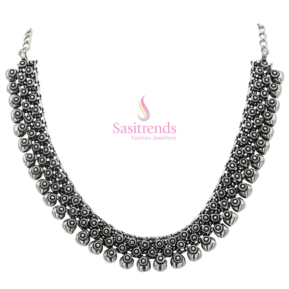 Oxidised Silver Crescent Ball Necklace – Traditional Handcrafted Bohemian Luxe Choker Jewellery Design with Intricate Detailing and Cultural Charm by Sasitrends