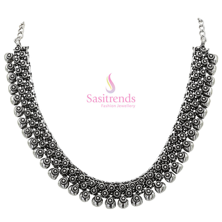 Oxidised Silver Crescent Ball Necklace – Traditional Handcrafted Bohemian Luxe Choker Jewellery Design with Intricate Detailing and Cultural Charm by Sasitrends