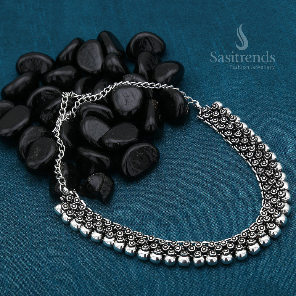 Madhura oxidised silver traditional Jhumka necklace jewellery set with handcrafted filigree design and regal vintage flair for cultural statement - Sasitrends