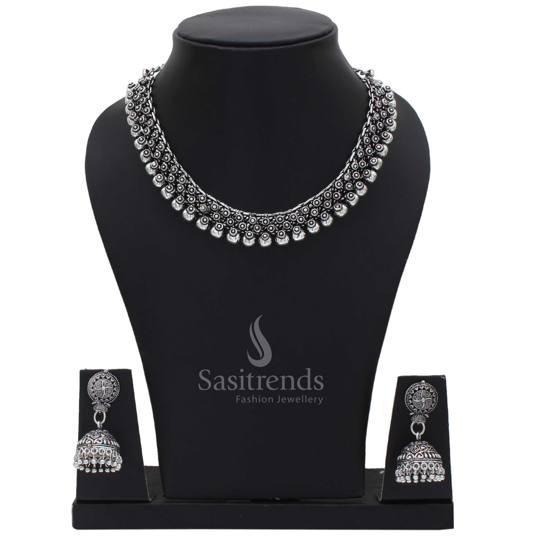 Oxidised Silver Madhura Jewellery Set With Signature Jhumka, Traditional Handcrafted Fusion Wear Designed To Reflect Cultural Elegance And Timeless Craftsmanship – Sasitrends
