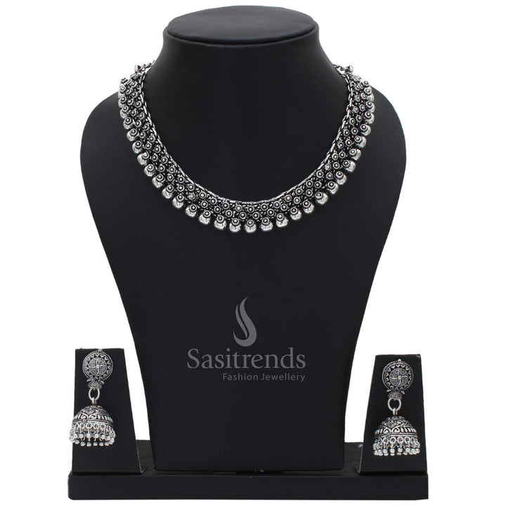 Oxidised Silver Madhura Jewellery Set With Signature Jhumka, Traditional Handcrafted Fusion Wear Designed To Reflect Cultural Elegance And Timeless Craftsmanship – Sasitrends