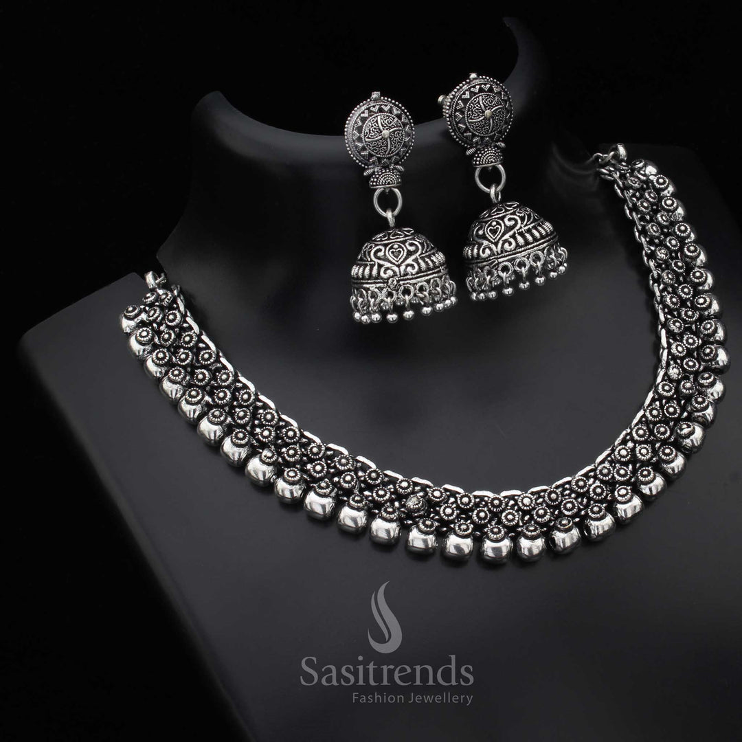 Madhura Oxidised Silver Jewellery Set With Signature Jhumka, Artistic Vintage-Inspired Jewellery Curated For Women’s Festive Dressing And Ethnic Styling – Sasitrends