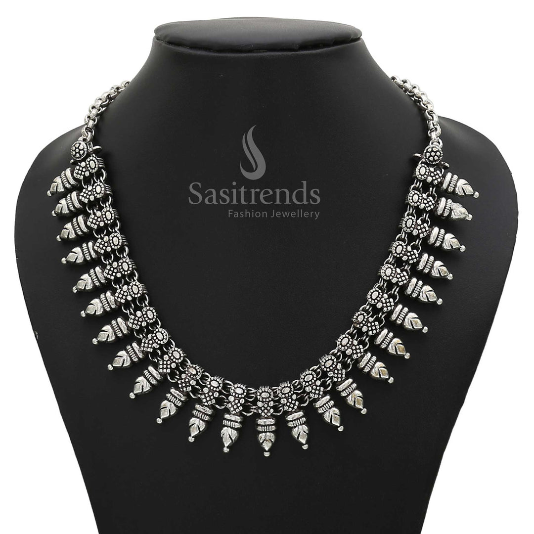 Traditional Kolhapuri oxidised German silver necklace for women and girls, featuring a handcrafted design with intricate motifs and a bohemian jewellery appeal - Sasitrends