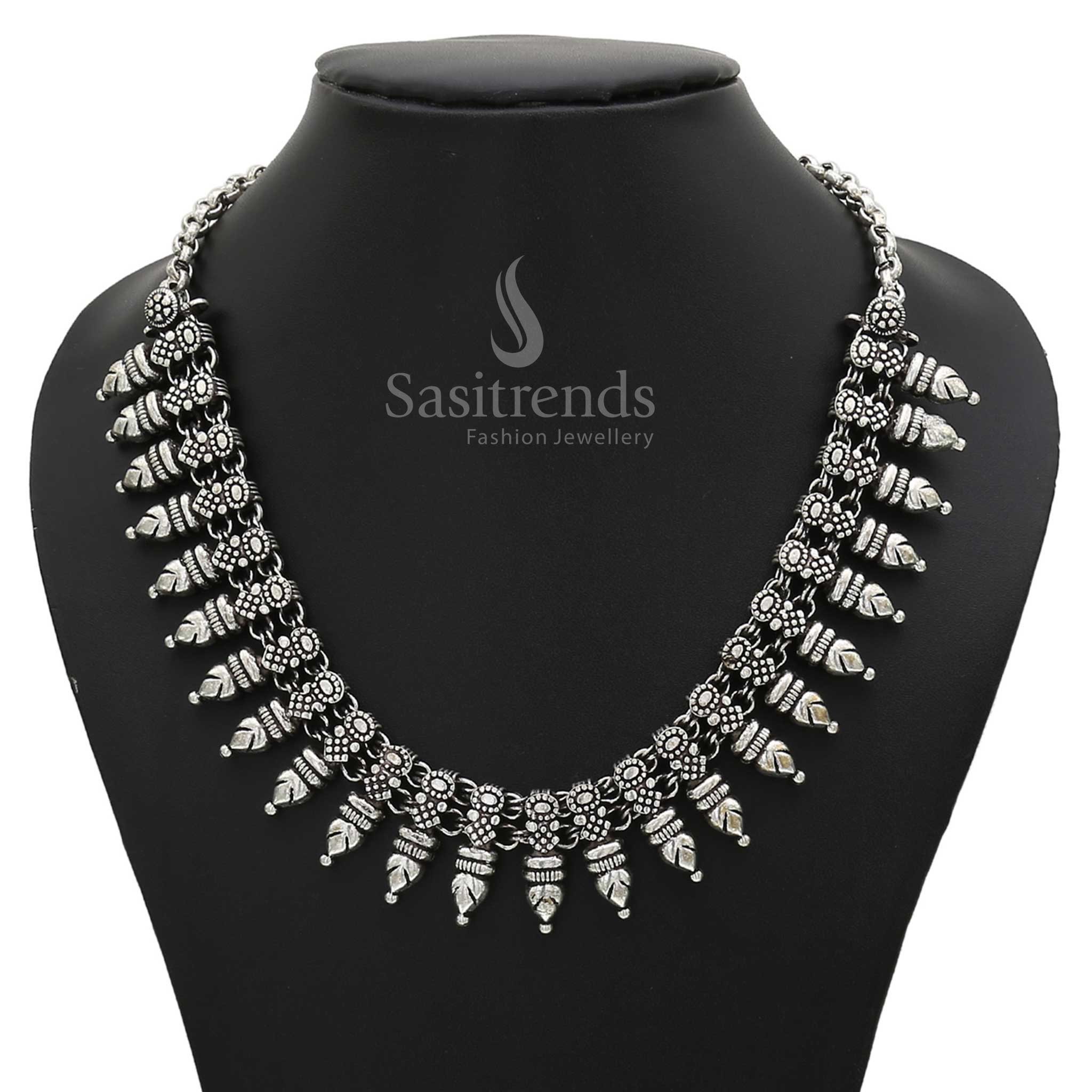 Traditional Kolhapuri oxidised German silver necklace for women and girls, featuring a handcrafted design with intricate motifs and a bohemian jewellery appeal - Sasitrends