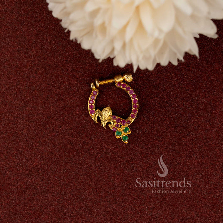 Gold plated non-piercing ruby emerald and American Diamond nosepin for women - Sasitrends