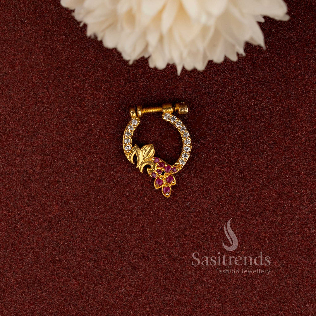 AD Stone Studded Gold Plated Non-Piercing Floral Gemstone Nose Pin - Sasitrends