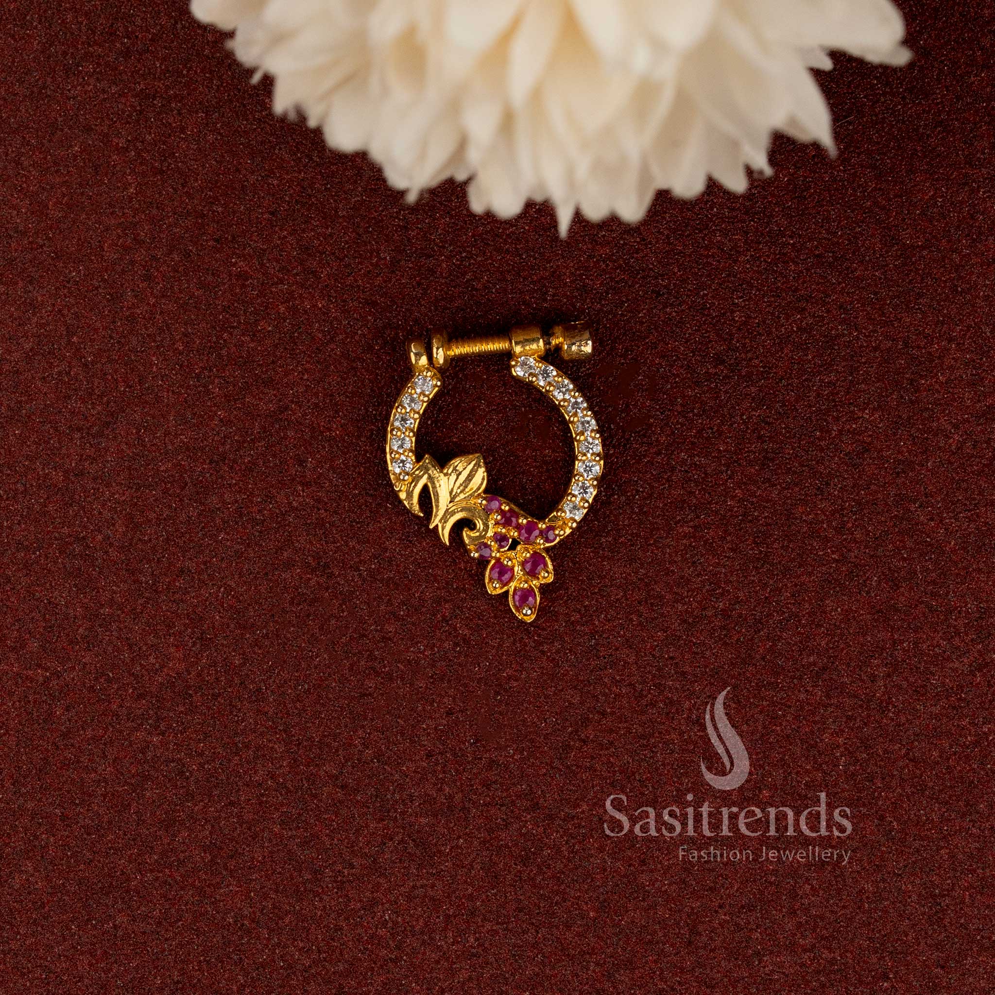AD Stone Studded Gold Plated Non-Piercing Floral Gemstone Nose Pin - Sasitrends