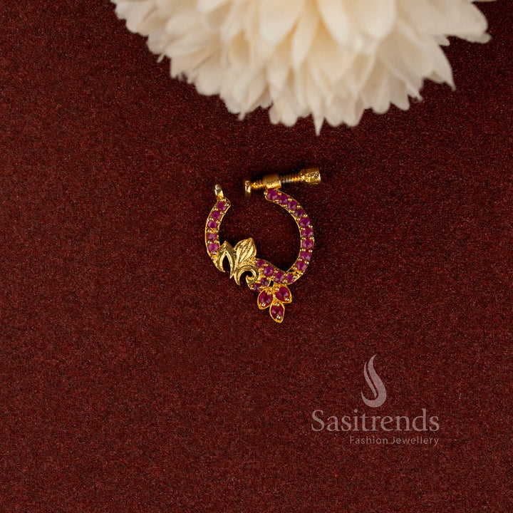 Traditional floral Full Ruby-stone nosepin for weddings, festivals and special occasions - Sasitrends