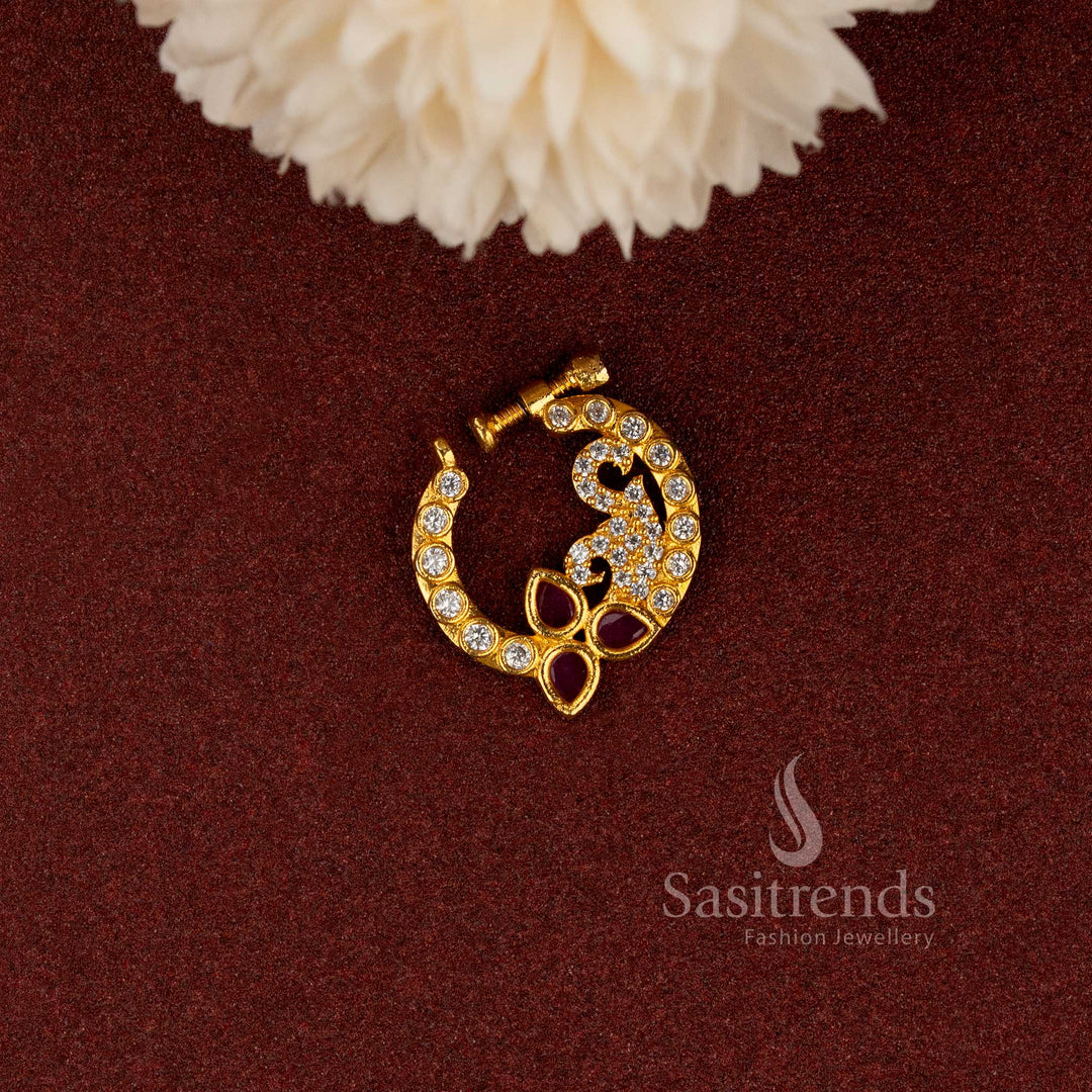 AD Stone Studded Gold Plated Non-Piercing Peacock Gemstone Nose Pin - Sasitrends