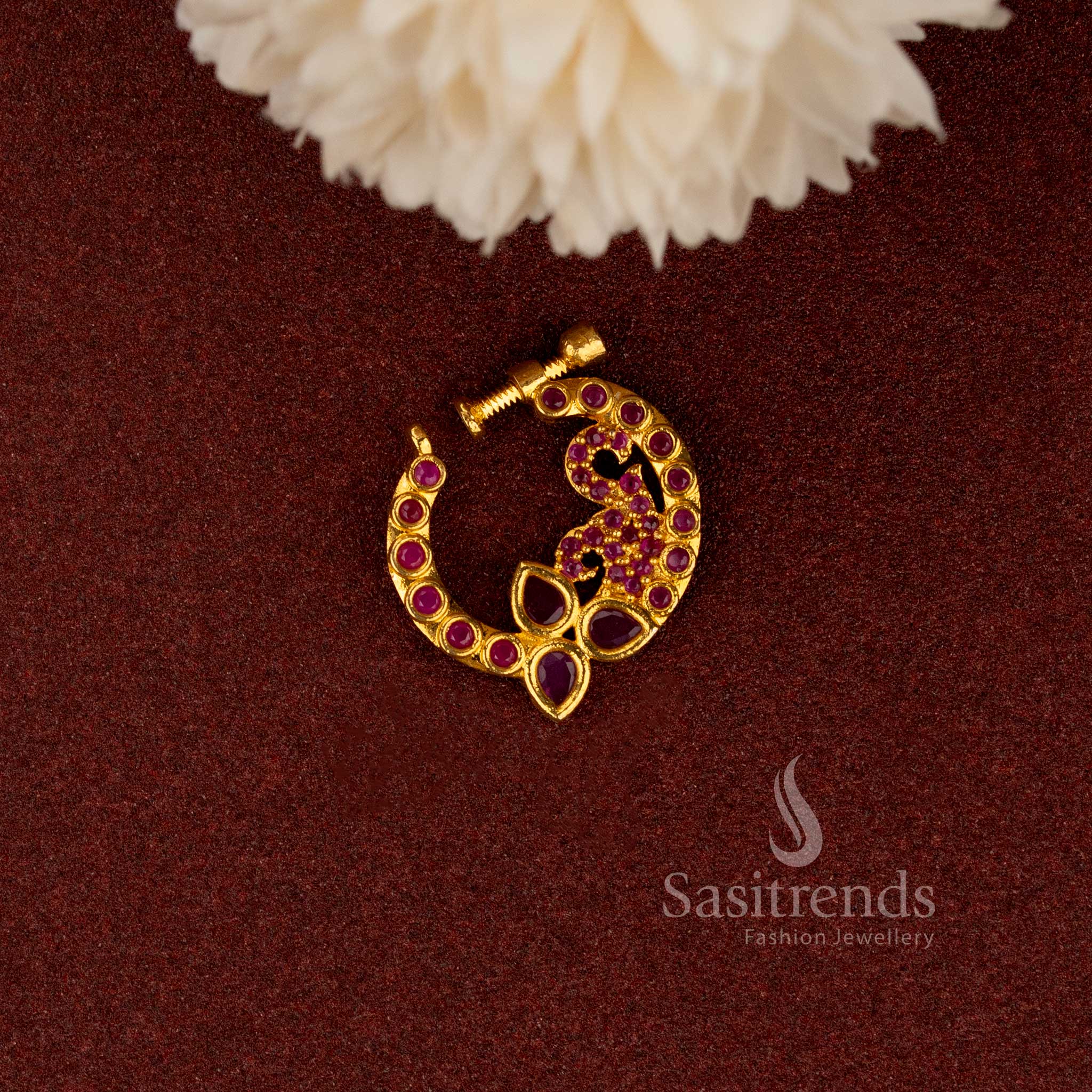 Gold plated non-piercing peacock nosepin with ruby emerald and AD stones - Sasitrends