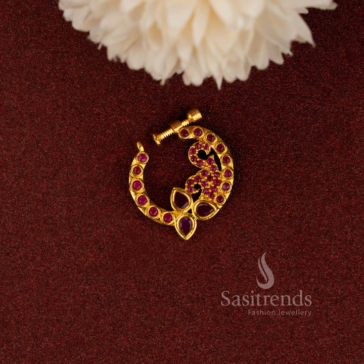 Gold plated non-piercing peacock nosepin with ruby emerald and AD stones - Sasitrends