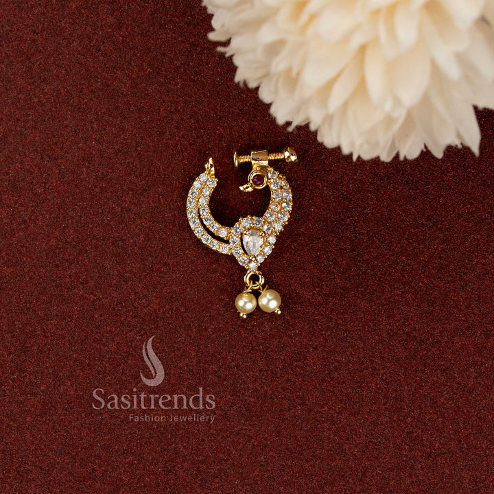 Traditional peacock AD stone nose pin with elegant pearl drop detailing - Sasitrends