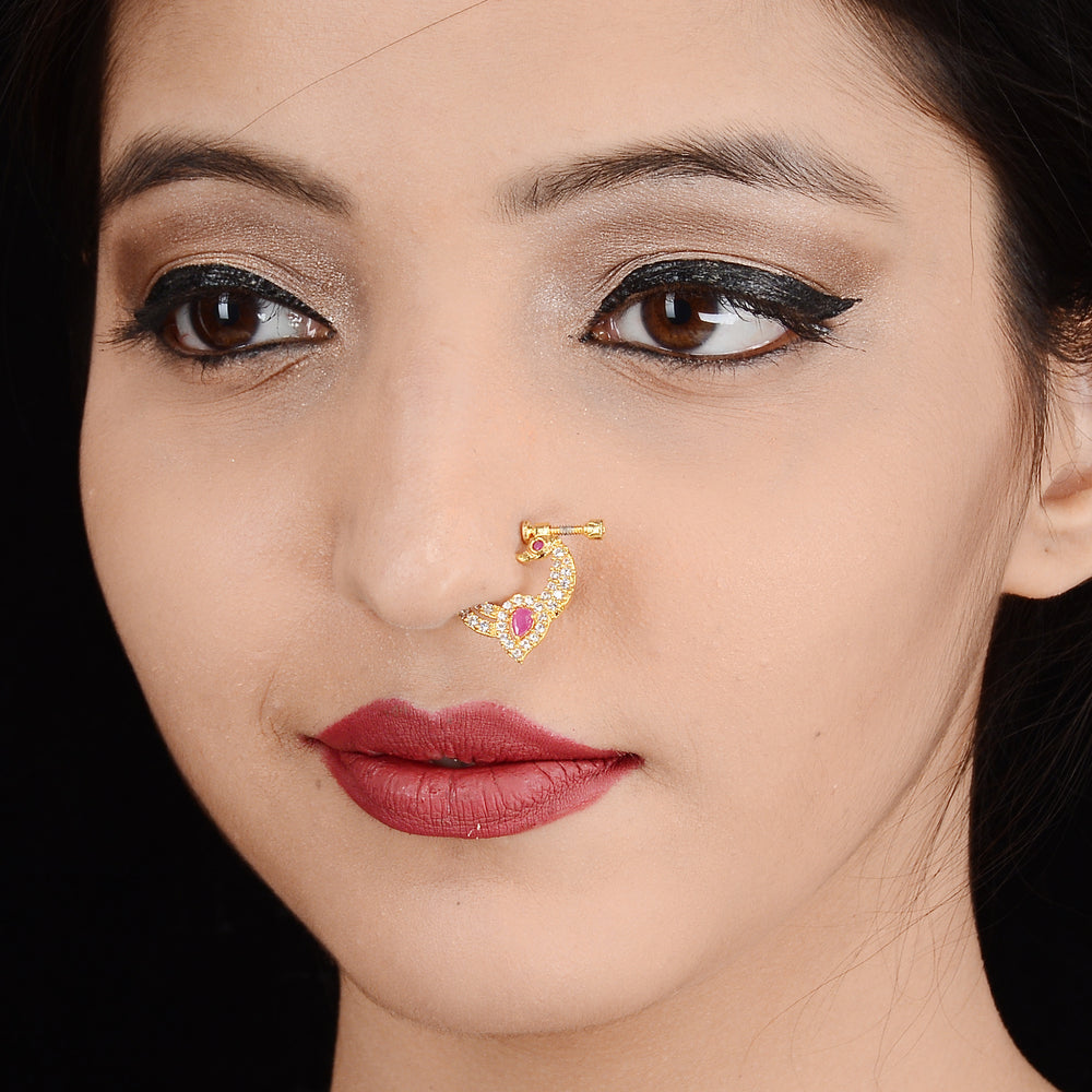 AD Stone Studded Gold Plated Non-Piercing Peacock Gemstone Nose Pin - Sasitrends