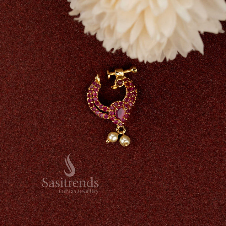 Traditional peacock AD stone nose pin with elegant pearl drop detailing - Sasitrends