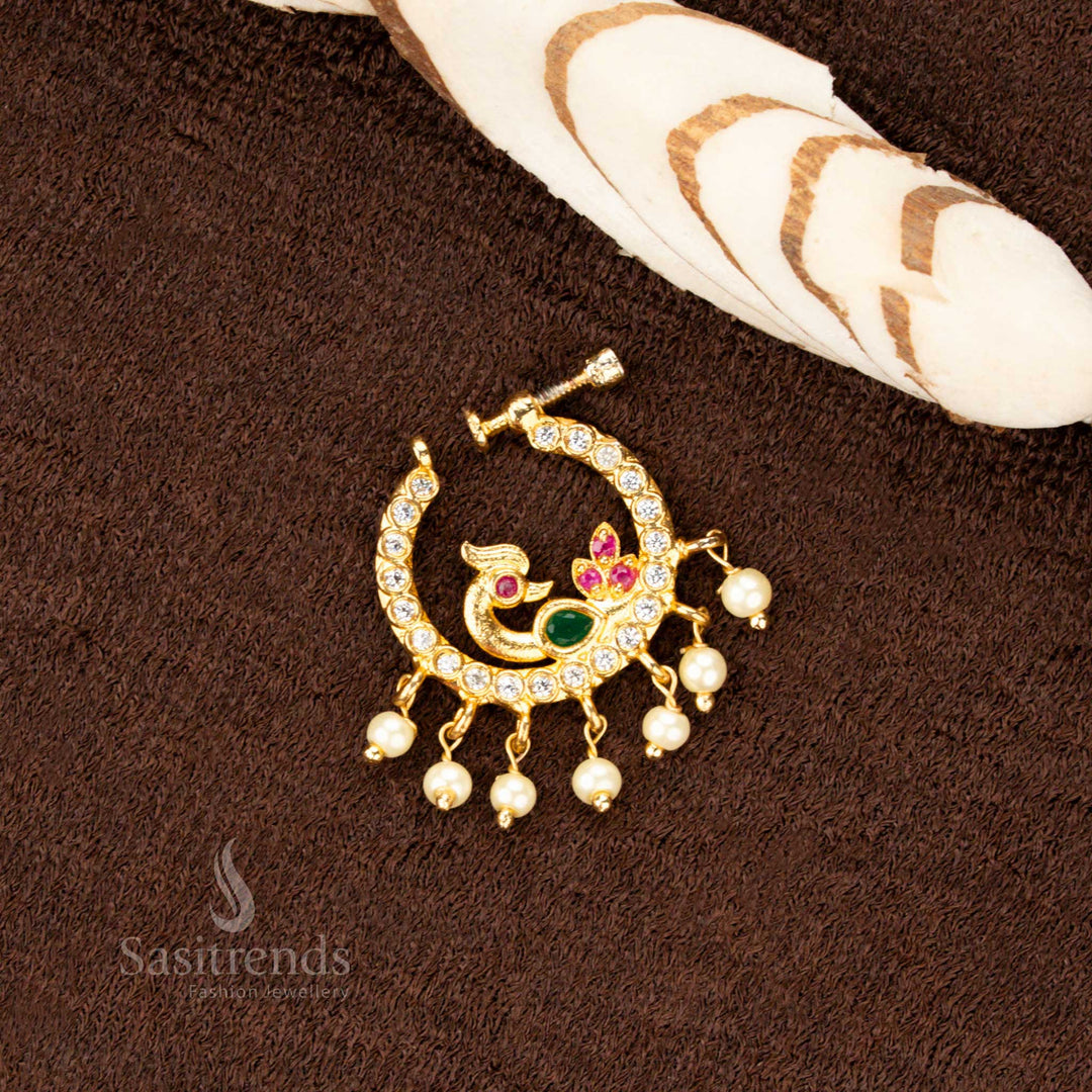 Crescent Shaped Nose Pin with Peacock Accent – Non Piercing Festive Jewellery - Sasitrends