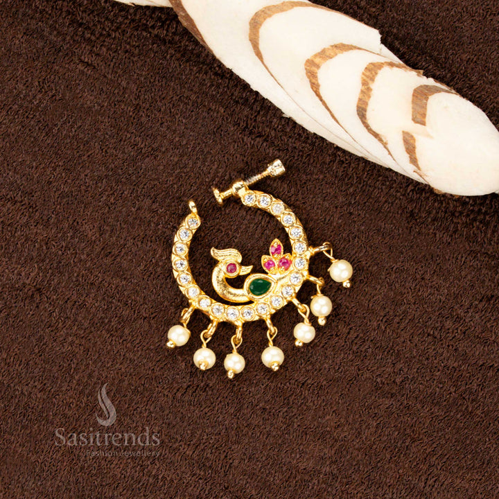 Elegant AD Stone Studded Gold Plated Non-Piercing Nose Pin with Peacock Motif and Hanging Pearls – Traditional Nath Design - Sasitrends