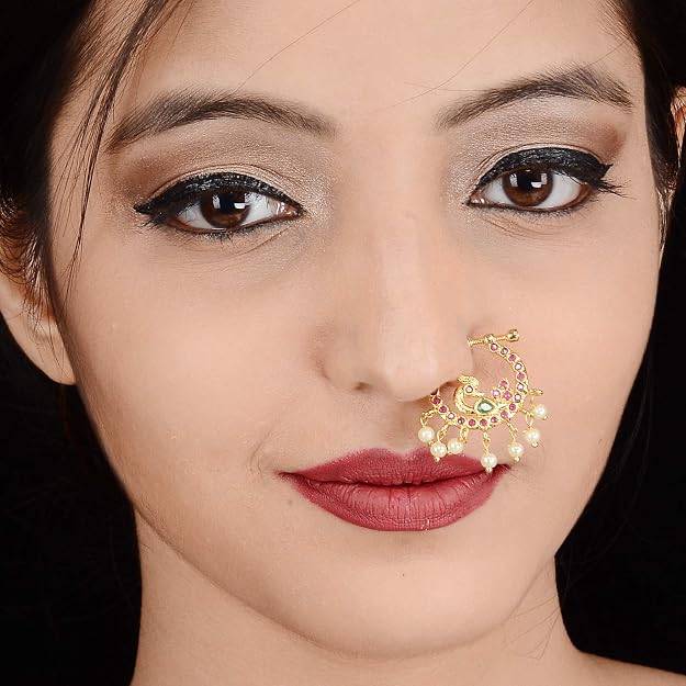 AD stone studded gold plated non-piercing adjustable peacock pearl fringe nose pin - Sasitrends