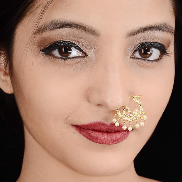 Elegant non-piercing peacock nosepin with AD stone and pearl fringe detailing - Sasitrends