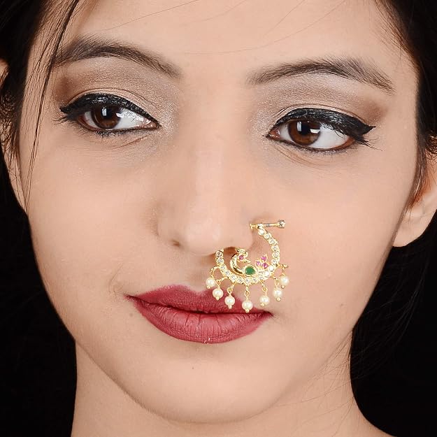 Traditional adjustable peacock pearl fringe nose pin for wedding and festive wear - Sasitrends