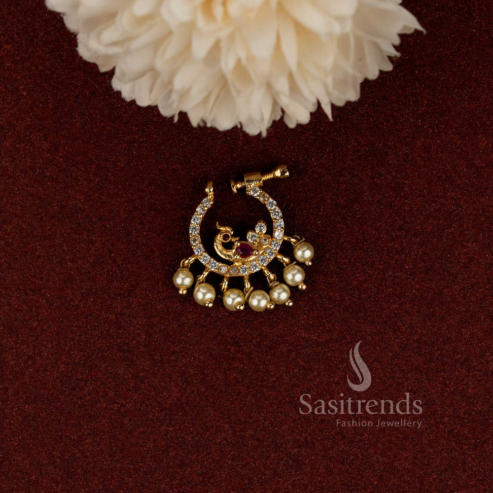 AD stone studded gold plated non-piercing adjustable peacock pearl fringe nose pin - Sasitrends