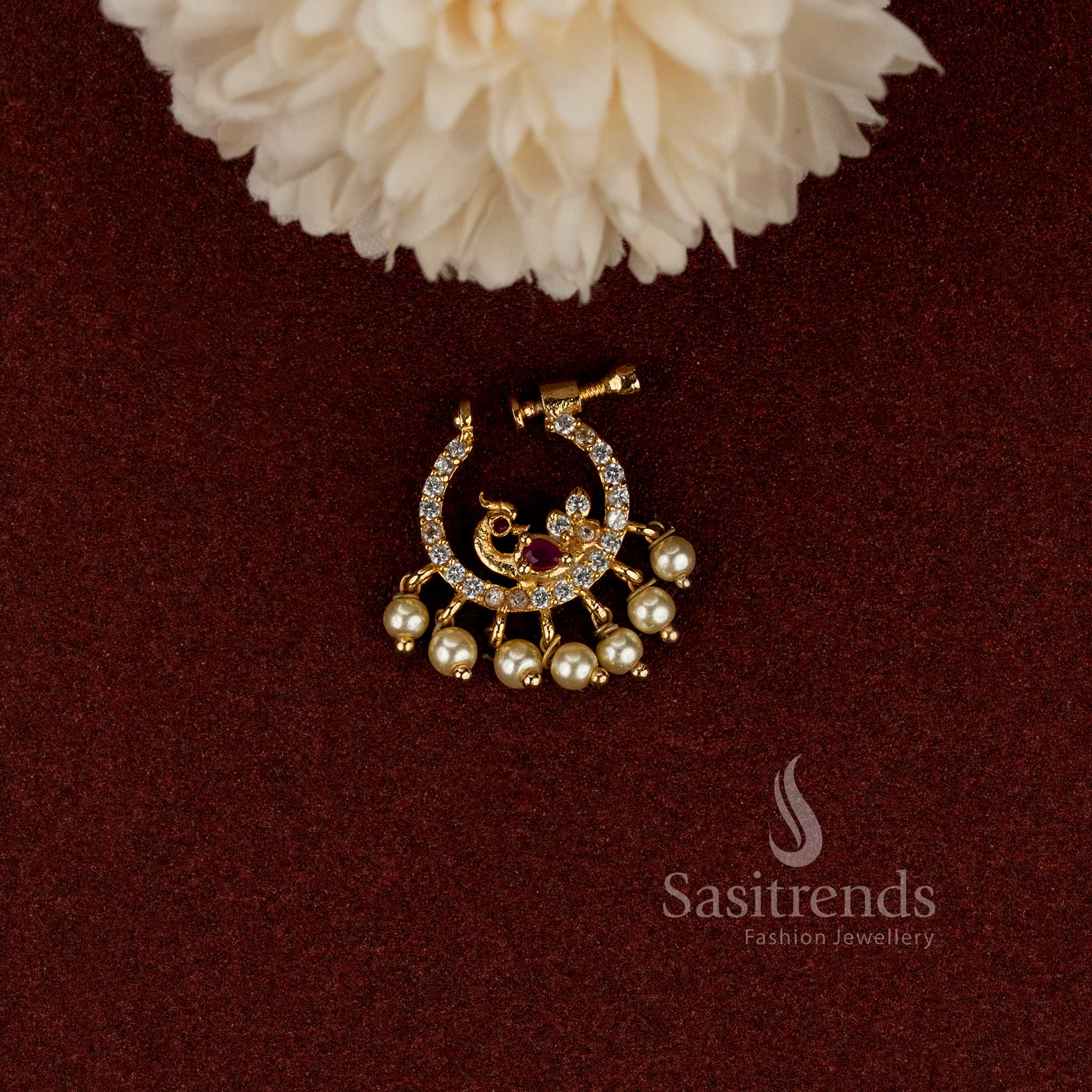 AD stone studded gold plated non-piercing adjustable peacock pearl fringe nose pin - Sasitrends