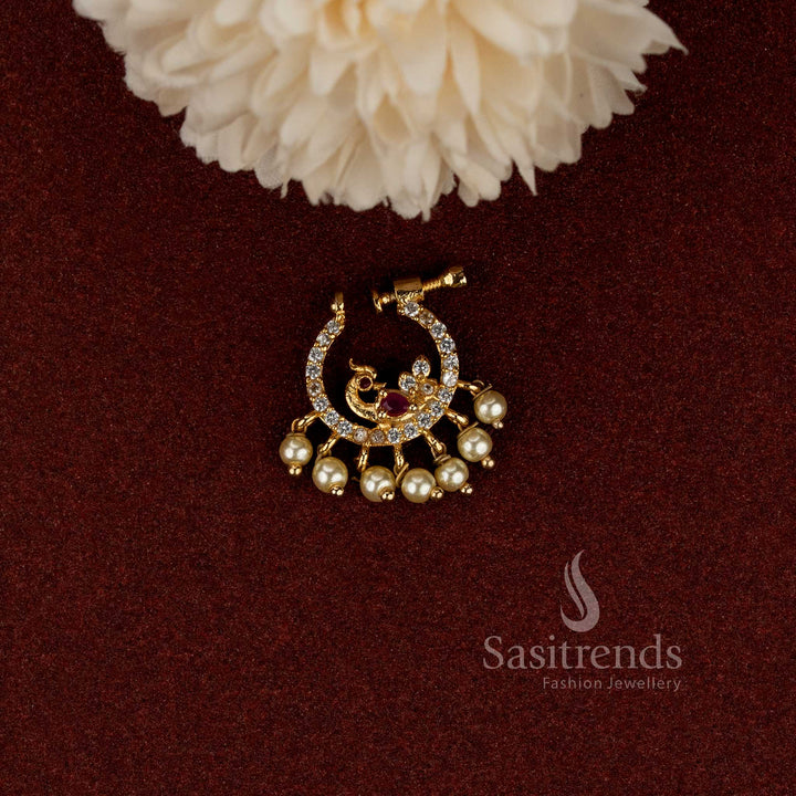 AD stone studded gold plated non-piercing adjustable peacock pearl fringe nose pin - Sasitrends