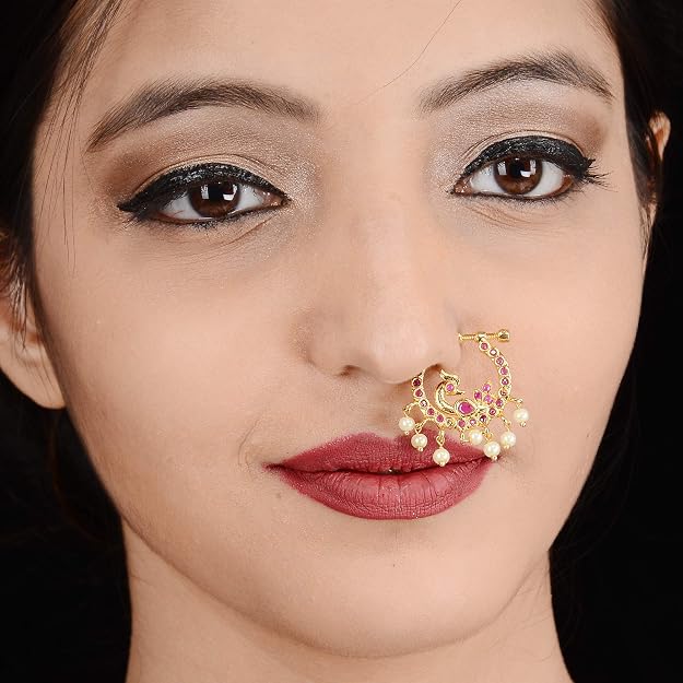 Elegant non-piercing peacock nosepin with AD stone and pearl fringe detailing - Sasitrends